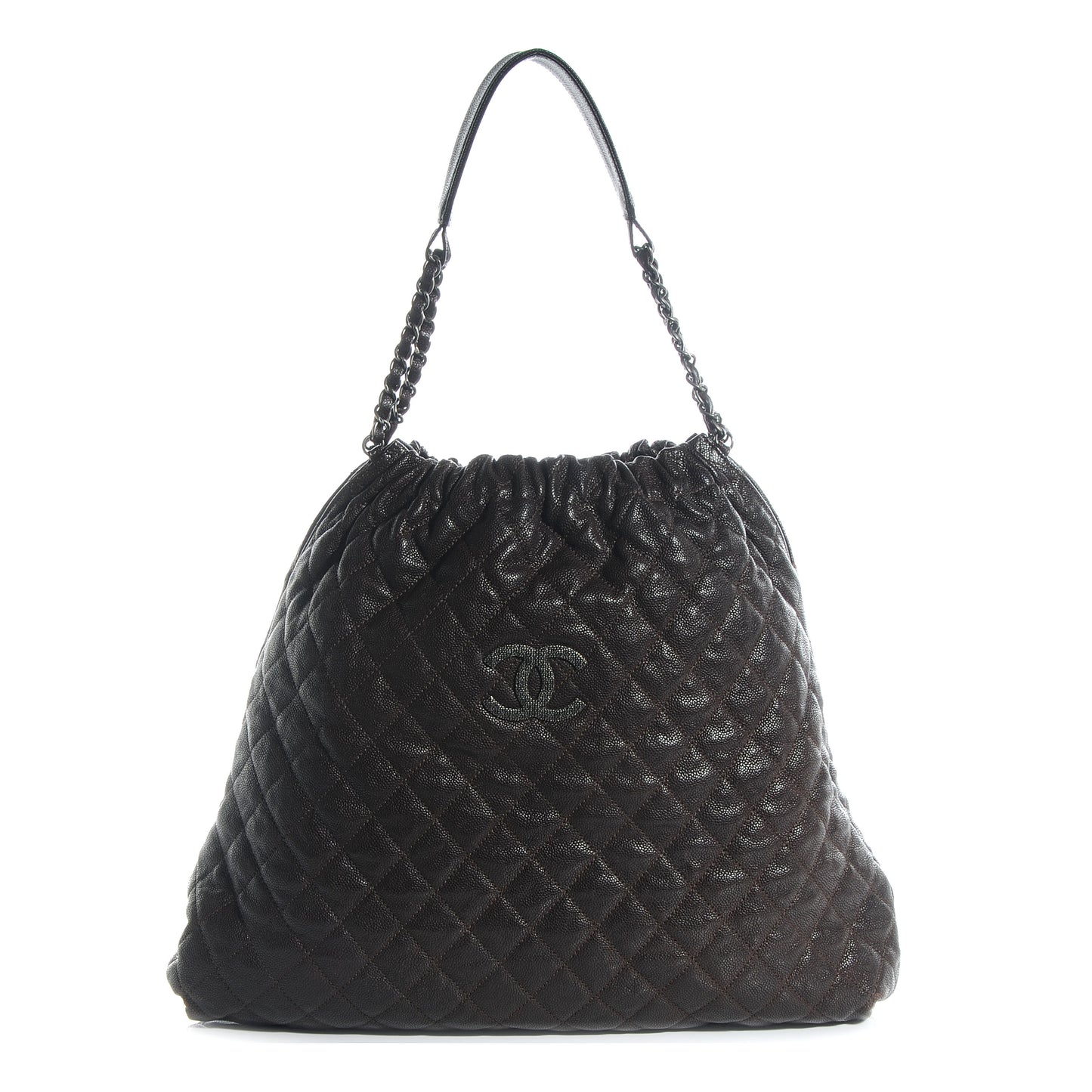 Distressed Glazed Caviar Quilted Large Elastic Tote Brown