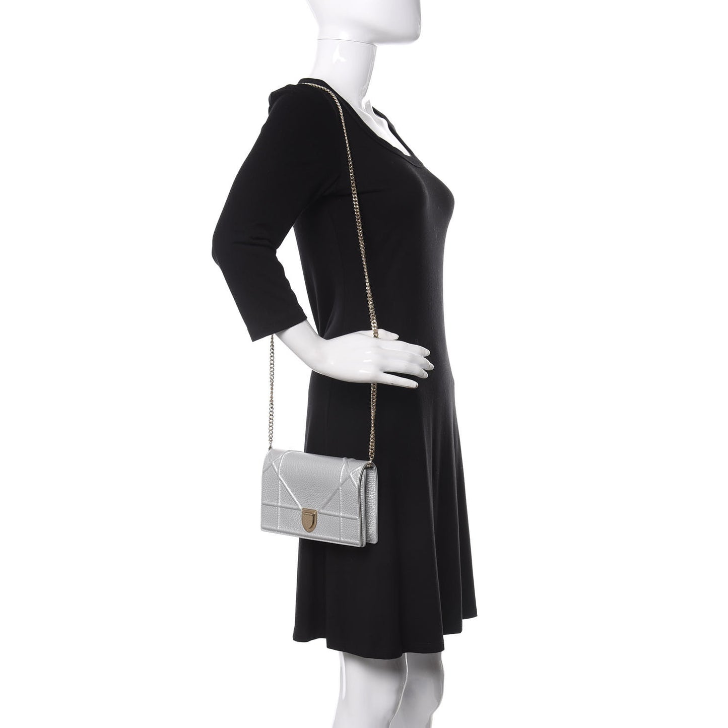 Metallic Grained Calfskin Diorama Wallet on Chain Pouch Silver