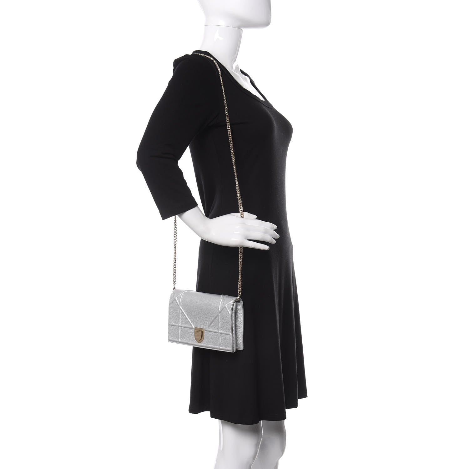 Christian Dior Metallic Grained Calfskin Diorama Wallet on Chain Pouch Silver 2 of 11