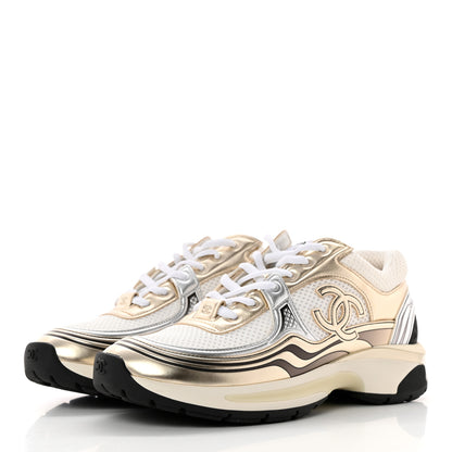 Chanel Fabric Laminated Calfskin Stretch CC Womens Sneakers 38 White Gold Silver 3 of 15