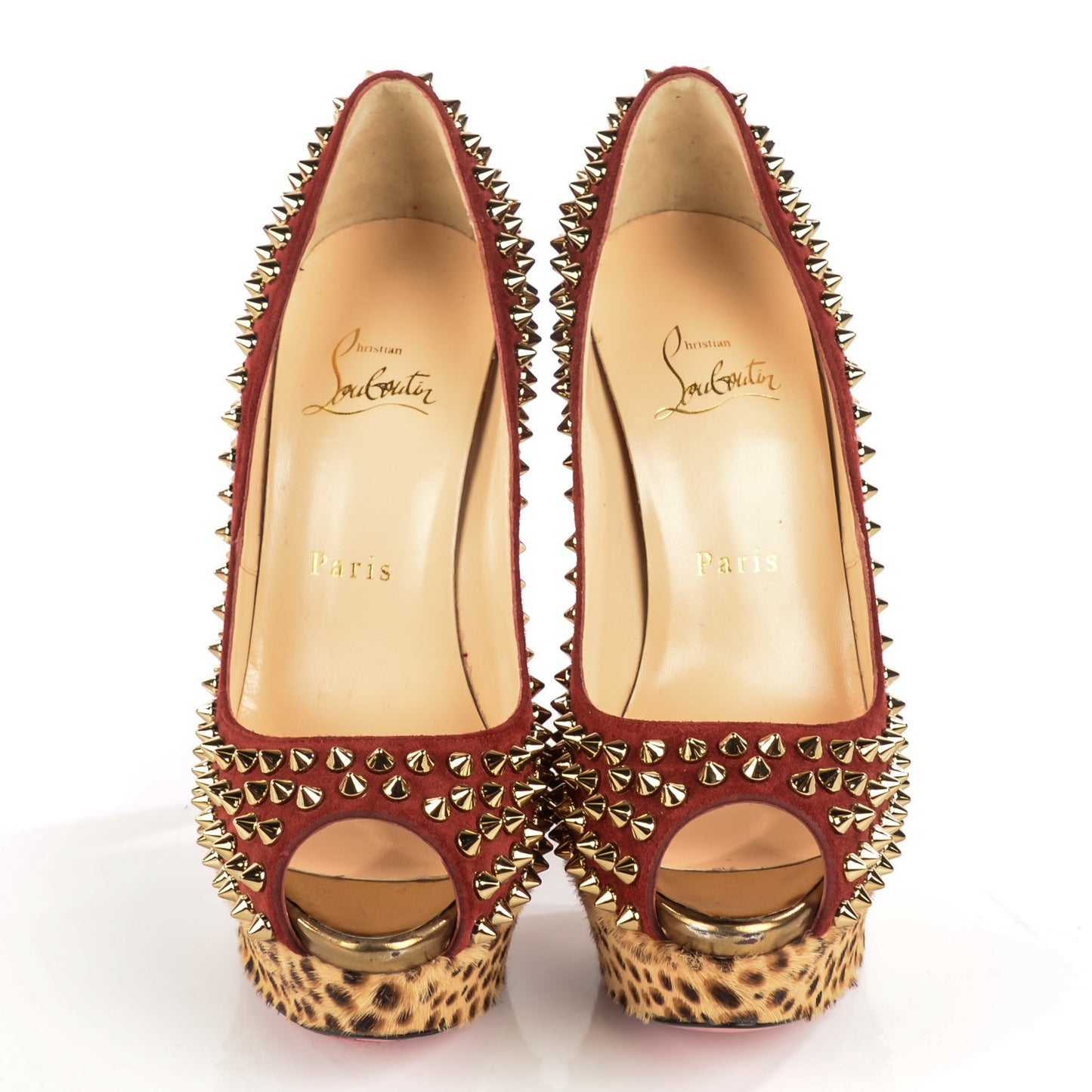 Veau Velours Calf Hair Leopard Lady Peep Spikes 150 Pumps 36.5 Red