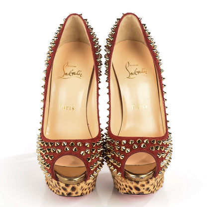 Christian Louboutin Veau Velours Calf Hair Leopard Lady Peep Spikes 150 Pumps 36.5 Red 2 of 7