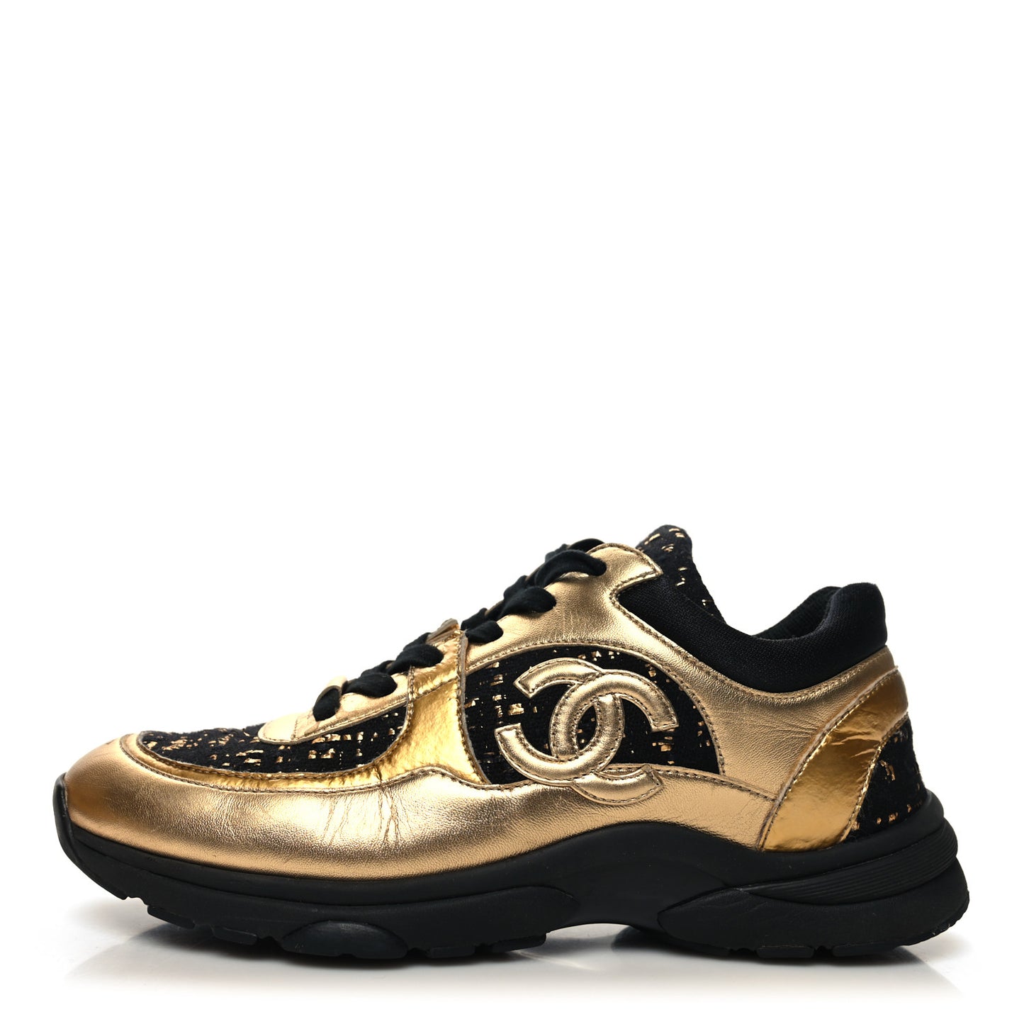 Satin Lambskin Fabric Tweed CC Sneakers 38.5 Gold Black