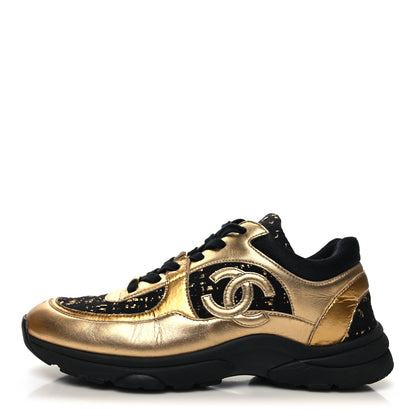 Chanel Satin Lambskin Fabric Tweed CC Sneakers 38.5 Gold Black 1 of 13