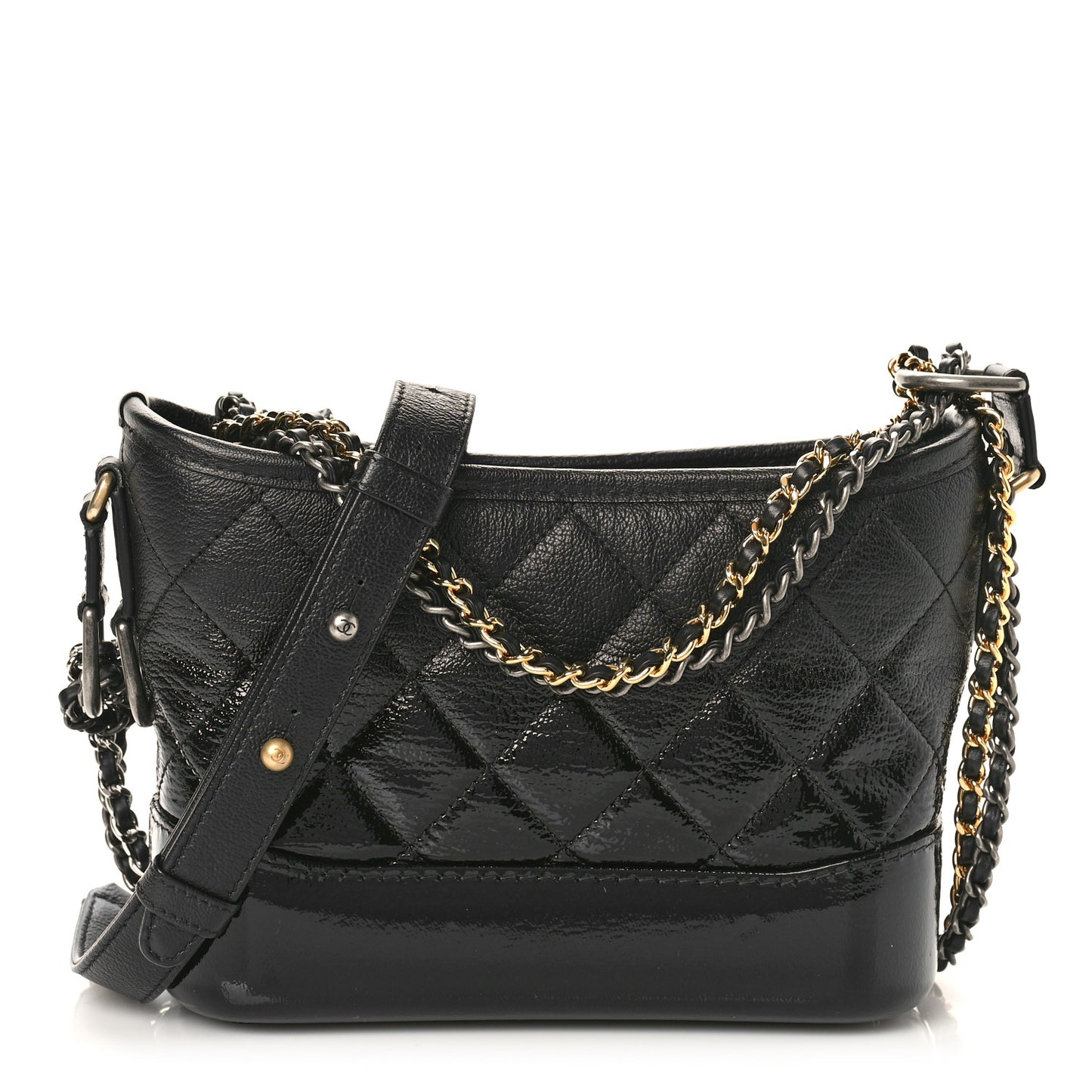 Patent Goatskin Quilted Small Gabrielle Hobo Black