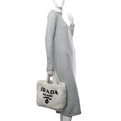 Prada Shearling Logo Tote White Black 2 of 11