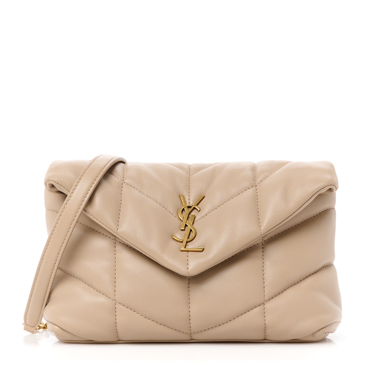 Saint Laurent Lambskin Quilted Toy Loulou Puffer Monogram Chain Satchel Dark Beige 1 of 12