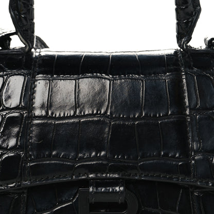 Balenciaga Shiny Calfskin Monochrome Crocodile Embossed Small Hourglass Top Handle Bag Black 6 of 12