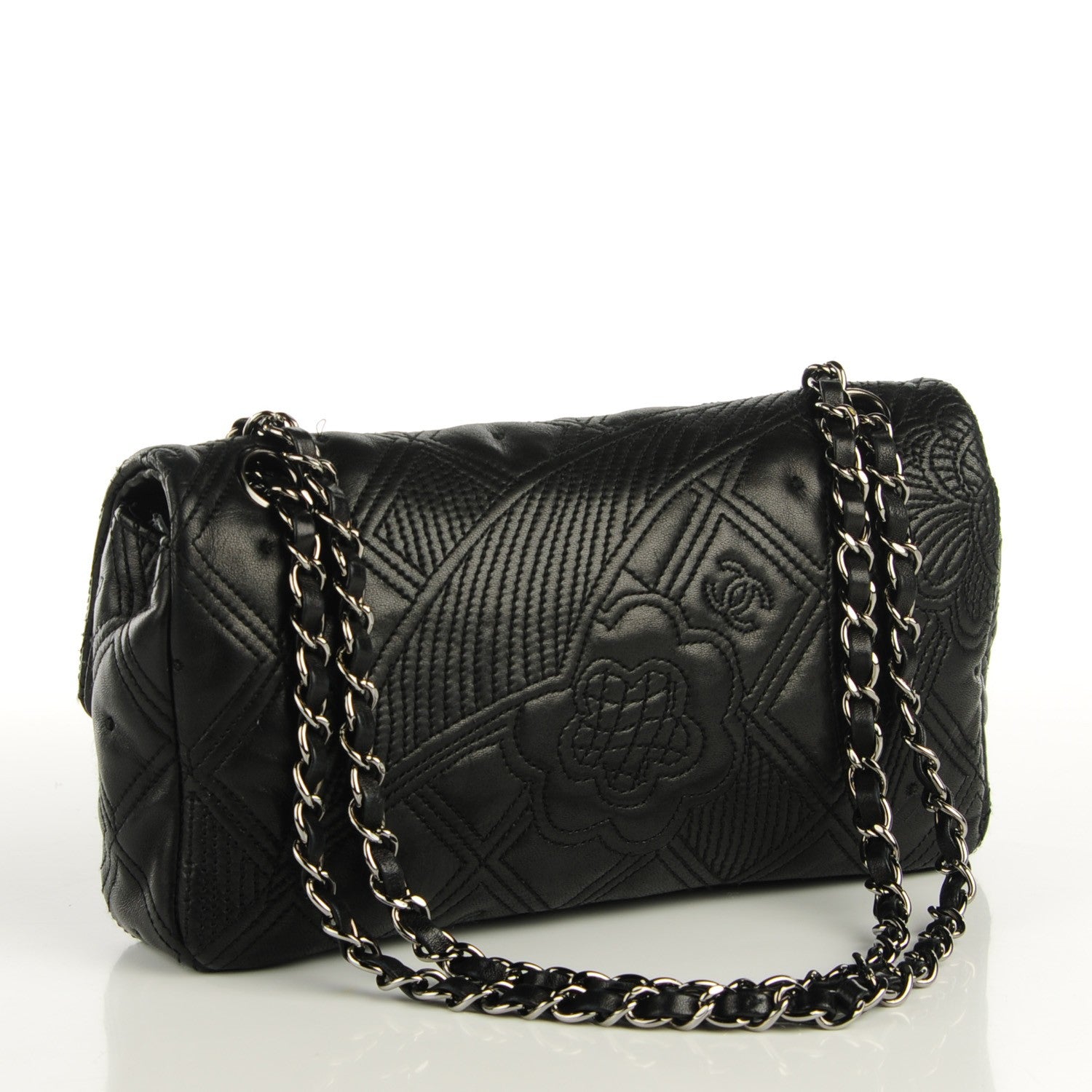 Chanel Lambskin Embroidered Medium Camellia Flap Black 3 of 9
