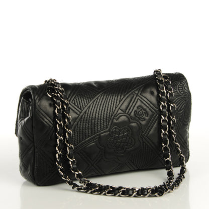 Chanel Lambskin Embroidered Medium Camellia Flap Black 3 of 9