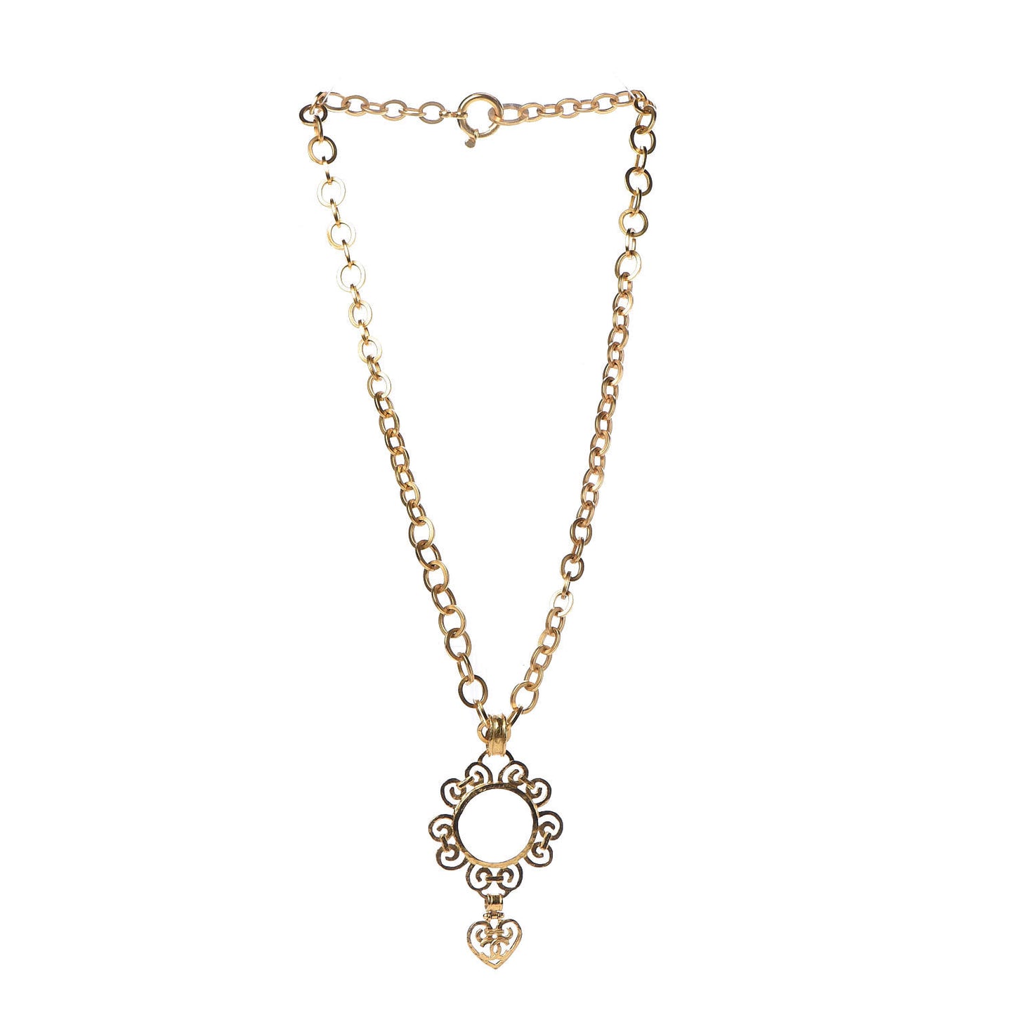 Loupe Magnifying Glass CC Heart Drop Necklace Gold