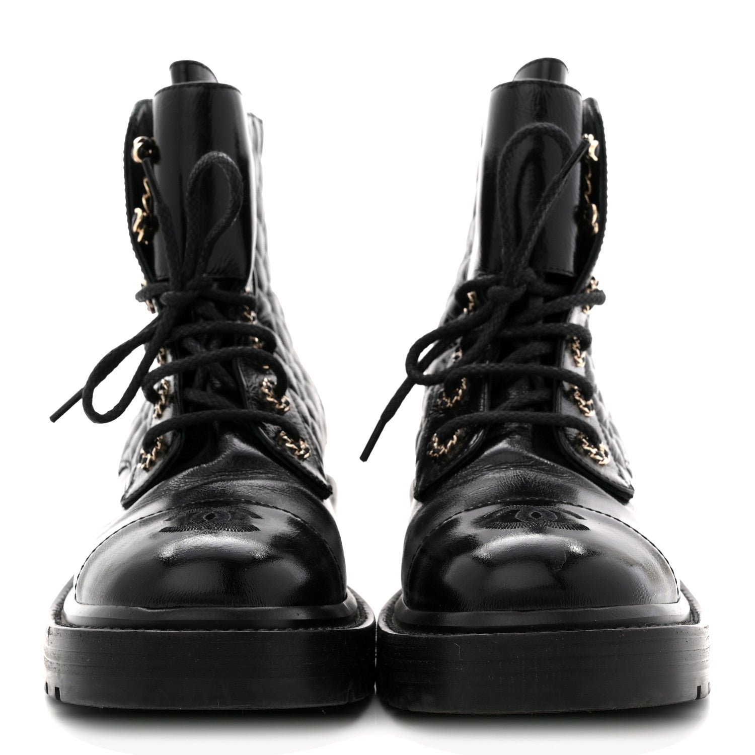 Chanel Shiny Goatskin Calfskin Quilted Lace Up Combat Boots 38.5 Black 3 of 9