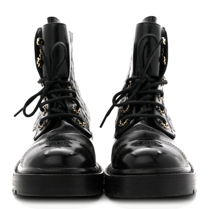 Chanel Shiny Goatskin Calfskin Quilted Lace Up Combat Boots 38.5 Black 3 of 9