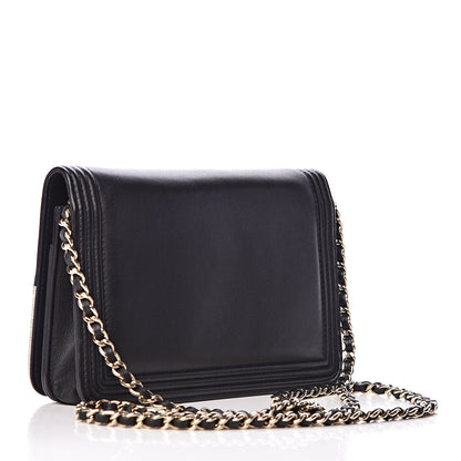 Chanel Metallic Goatskin Lambskin Boy Wallet on Chain WOC Black Gold 3 of 13