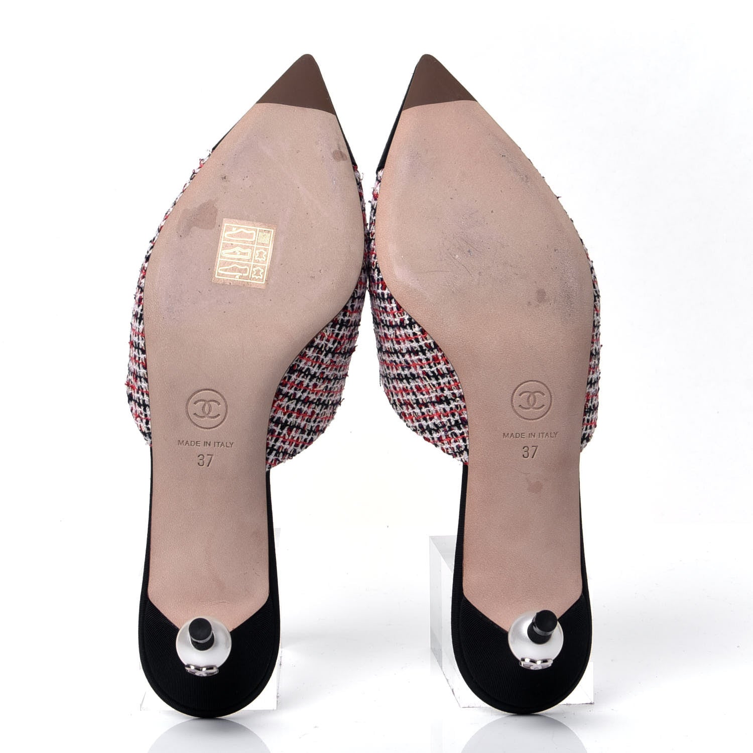 Chanel Tweed Grosgrain Pearl Cap Toe Mules 37 Black Red 7 of 9
