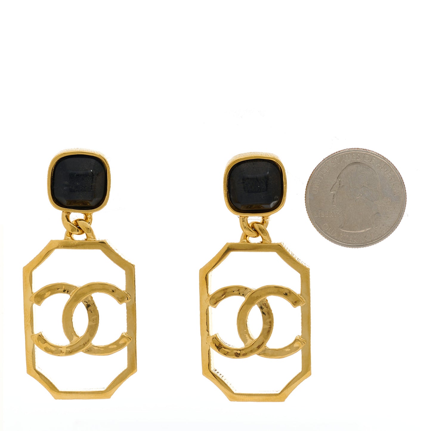 Metal Pearl CC Drop Clip On Earrings Gold Black