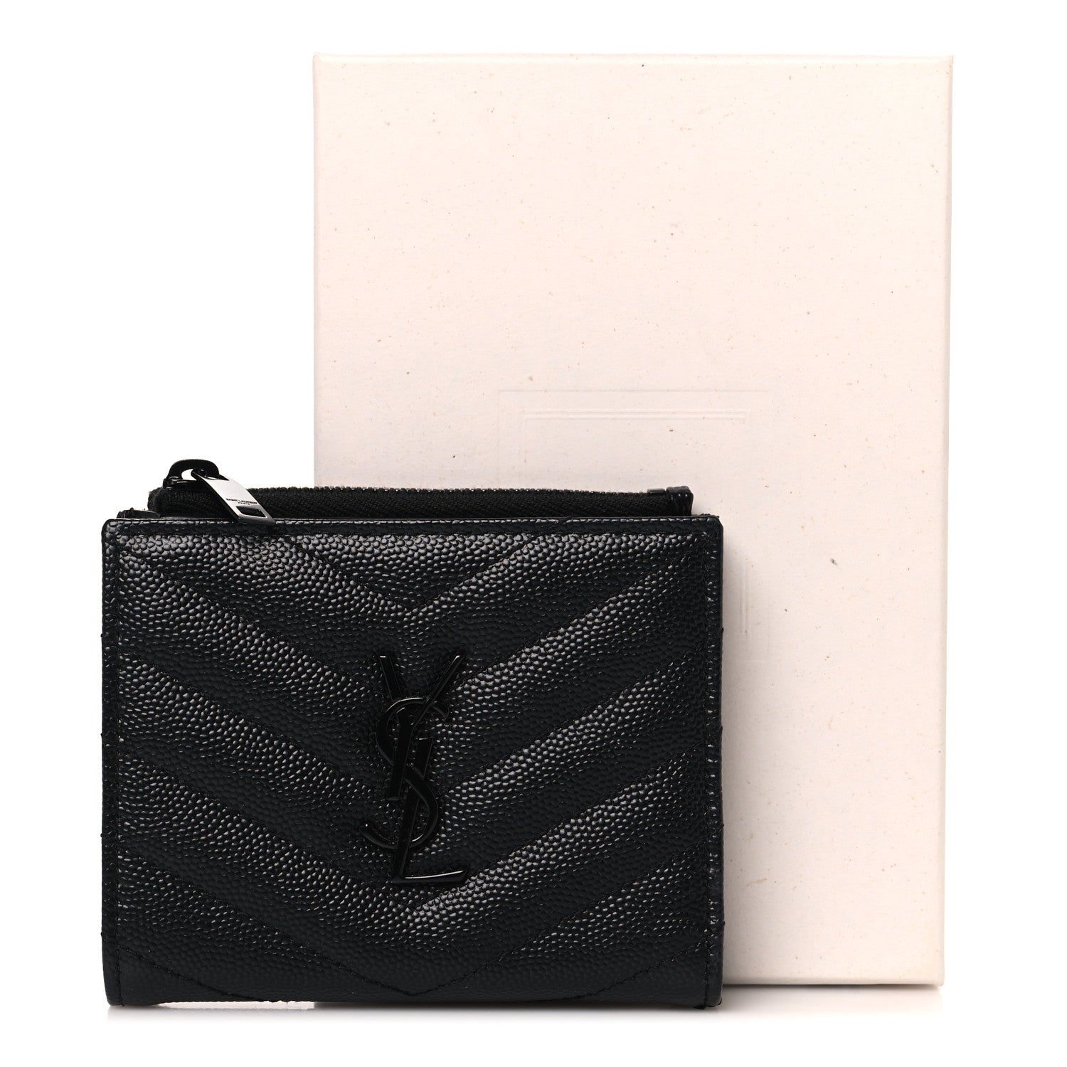 Saint Laurent Grain De Poudre Matelasse Chevron Monogram Zipped Card Case Black Black 9 of 9