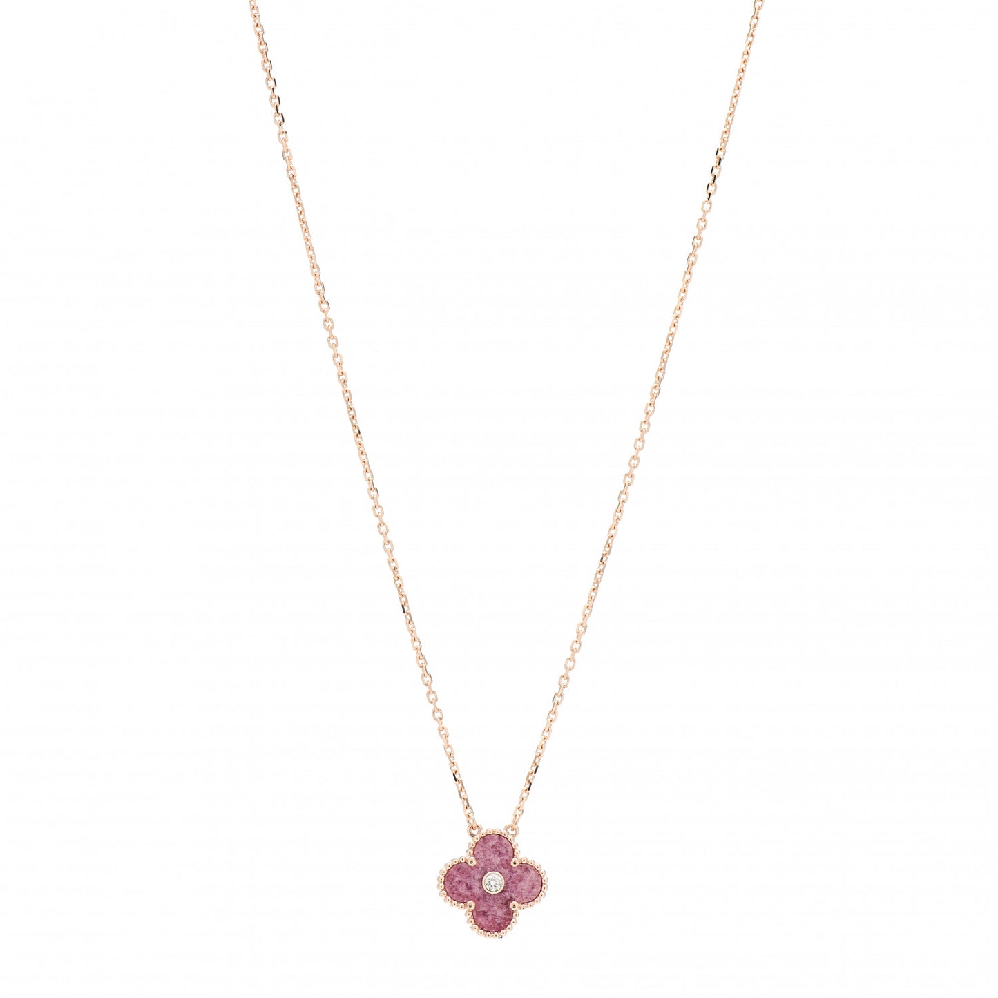 18K Rose Gold Diamond Rhodonite Vintage Alhambra Pendant Necklace