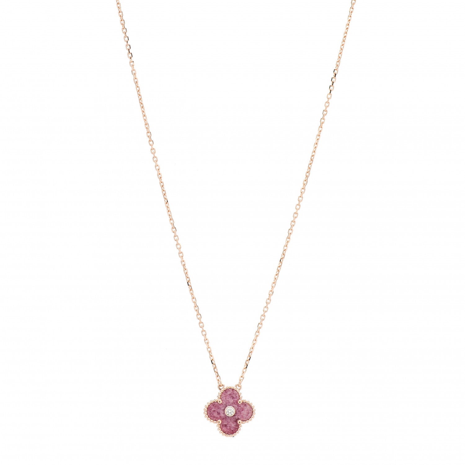 Van Cleef & Arpels 18K Rose Gold Diamond Rhodonite Vintage Alhambra Pendant Necklace 1 of 5