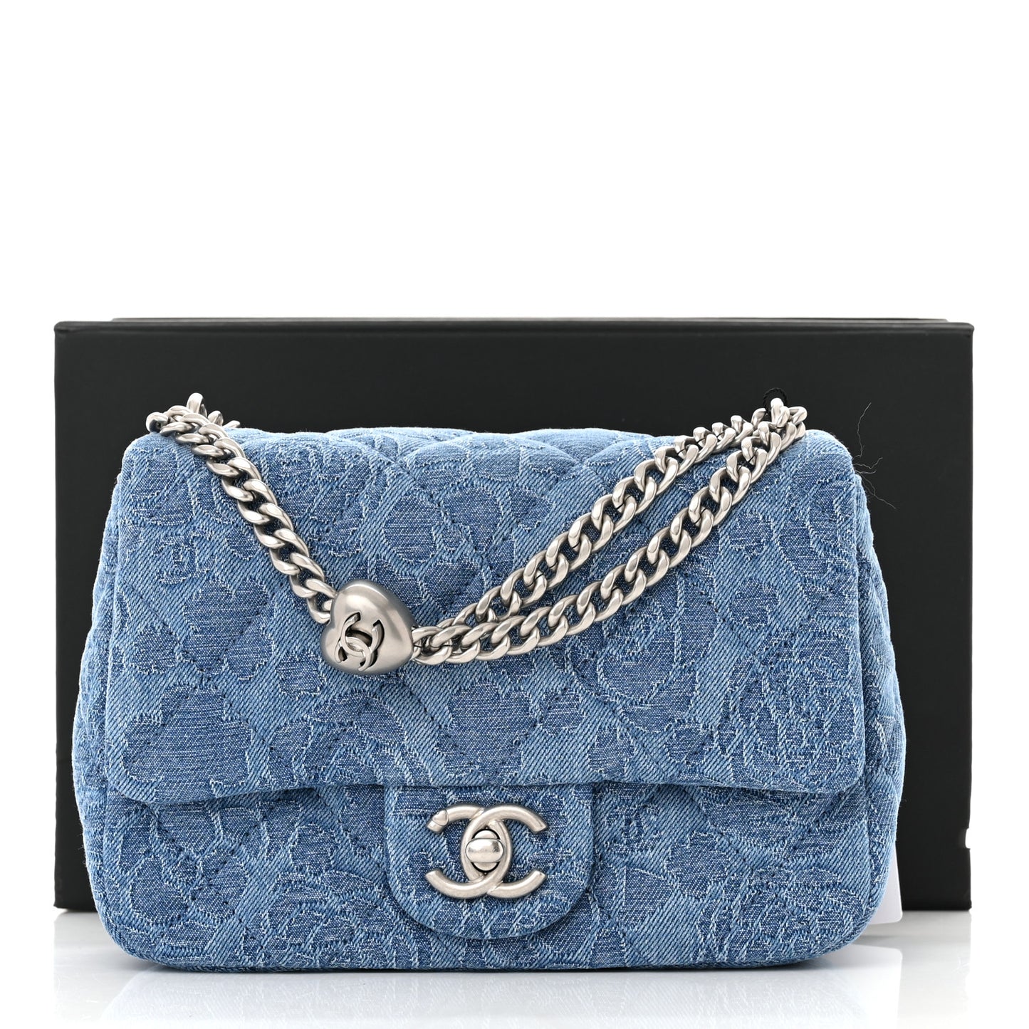 Denim Quilted Camellia Sweetheart Mini Flap Blue