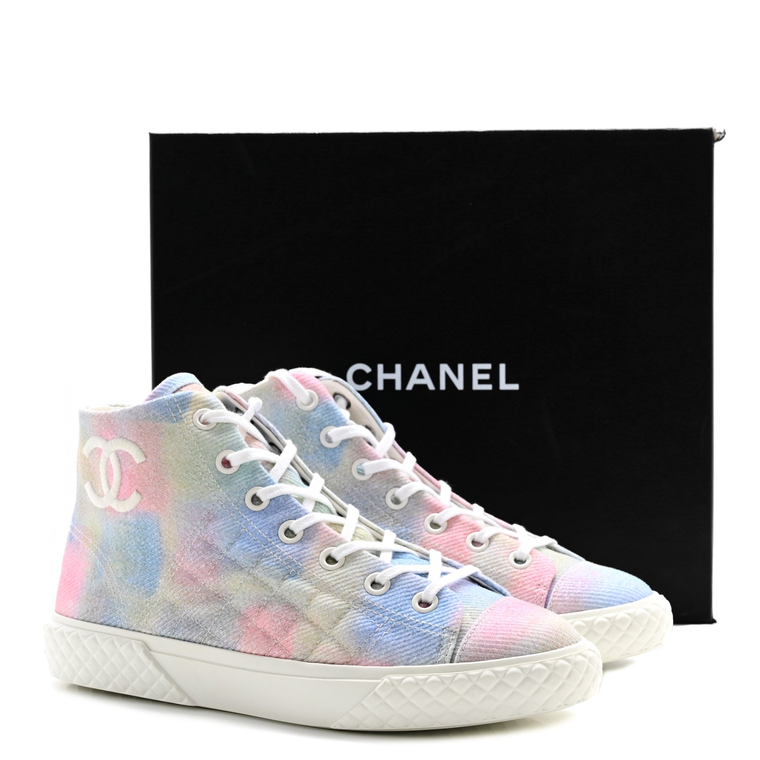Chanel Printed Fabric High Top CC Sneakers 39.5 Green Pink Blue White 10 of 10