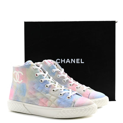 Chanel Printed Fabric High Top CC Sneakers 39.5 Green Pink Blue White 10 of 10