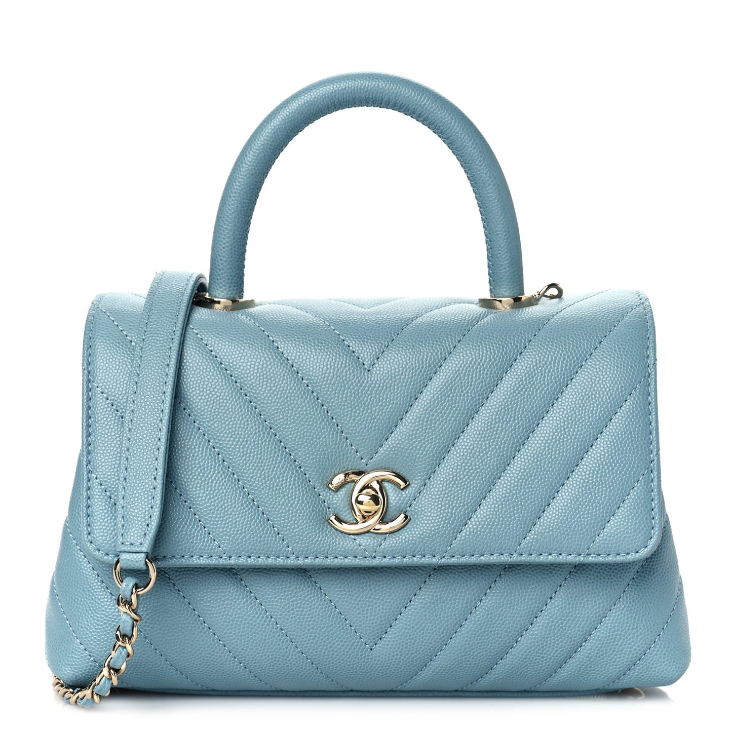 Caviar Chevron Quilted Mini Coco Handle Flap Sky Blue