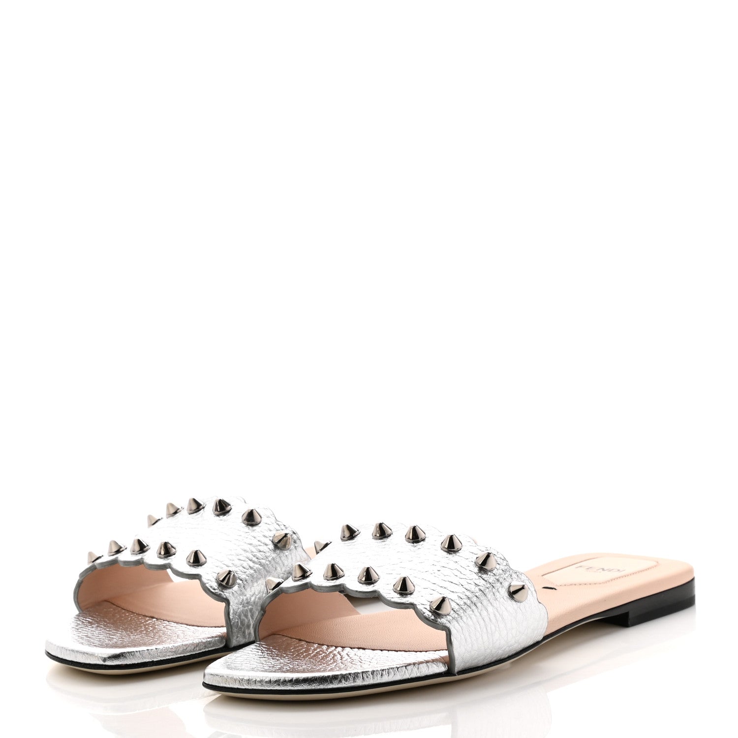 Fendi Metallic Vitello Lurex Studded Slide Sandals 37.5 Silver 3 of 8