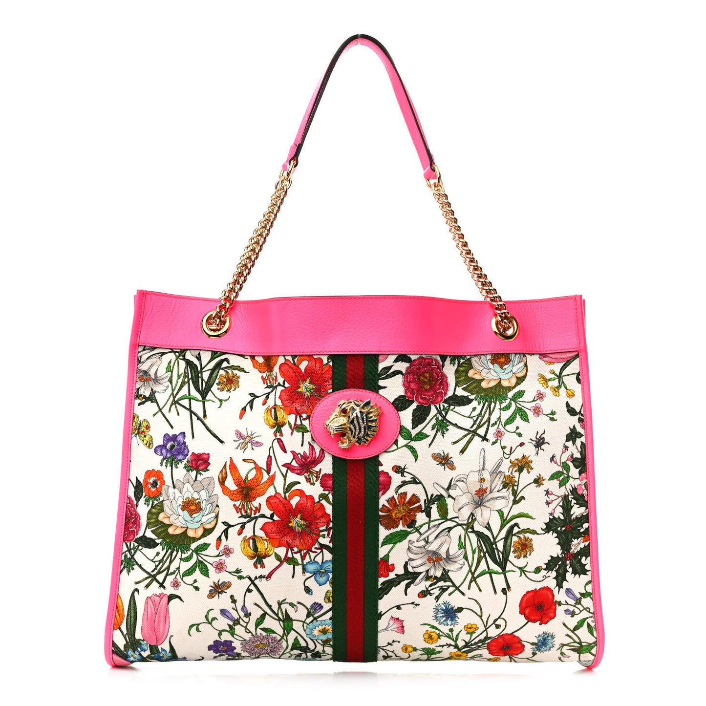 Canvas Flora Large Rajah Chain Tote White Multicolor Fuxia Fluo