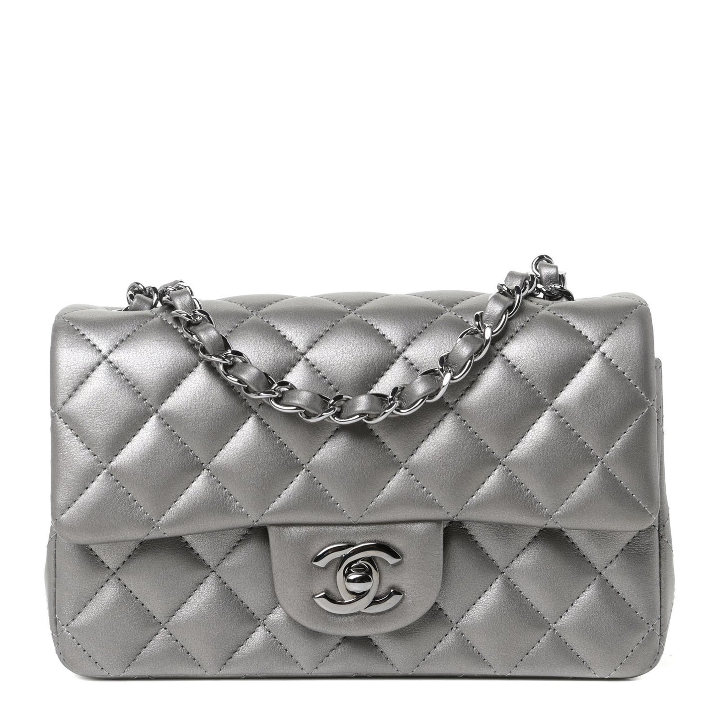 Metallic Lambskin Quilted Mini Rectangular Flap Silver