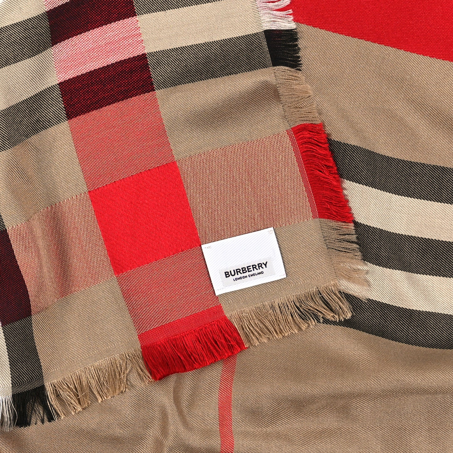 Wool Silk Giant Check Ribbon Scarf Archive Beige