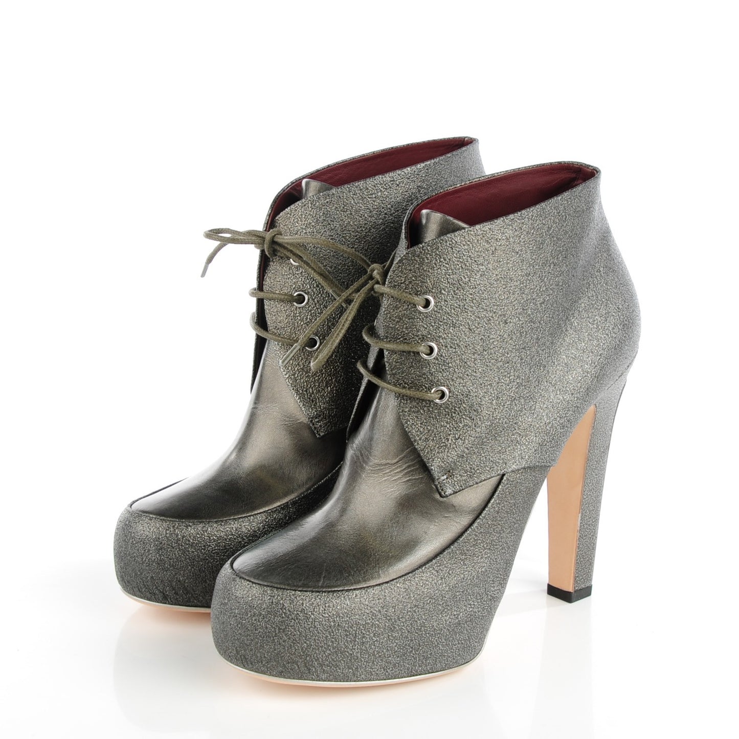 Metallic Leather Lace Up Booties 40 Kaki