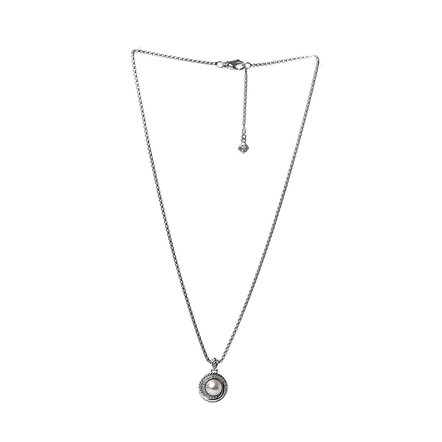 David Yurman Sterling Silver Diamond Pearl 8mm Crossover Pendant Necklace 3 of 4