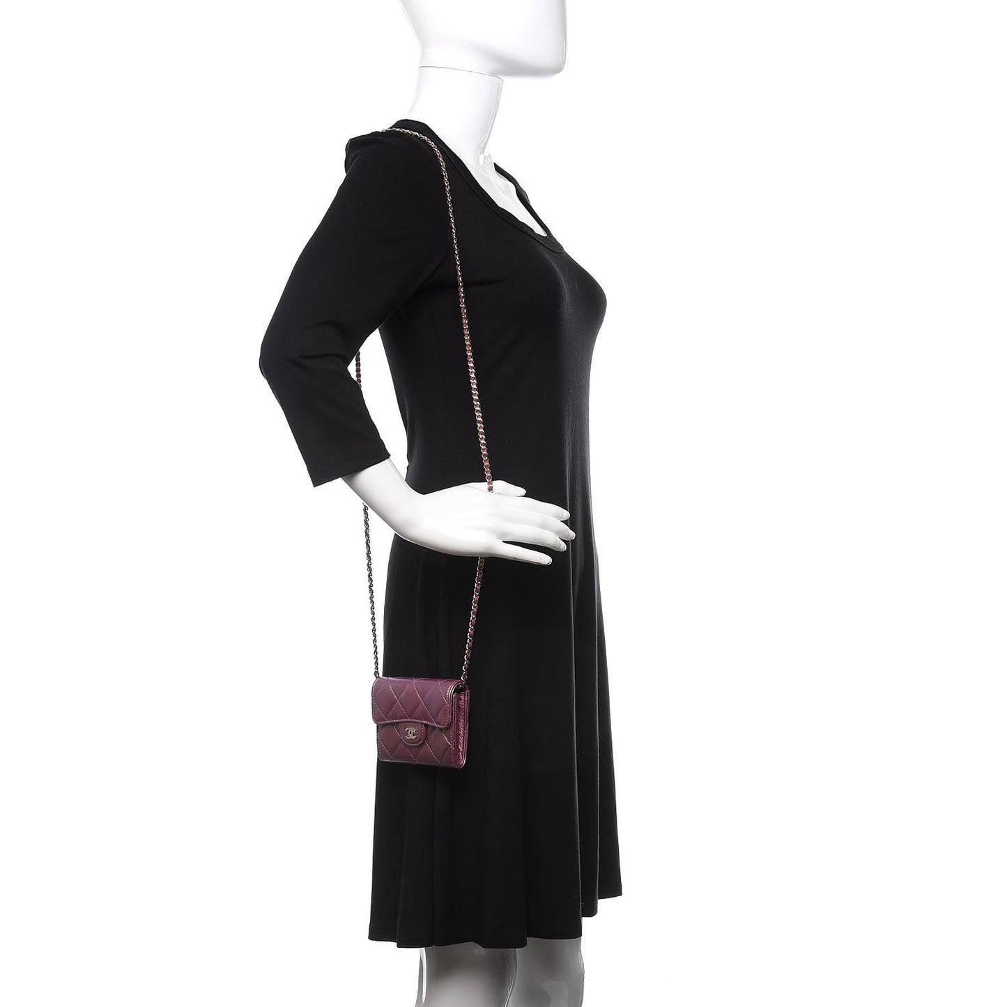 Iridescent Lambskin Quilted Flap Card Holder On Chain Purple