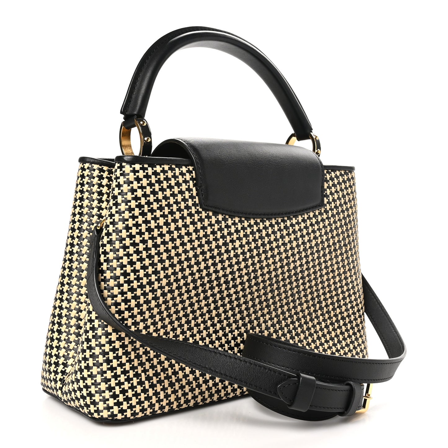 Raffia Calfskin Capucines MM Black Ecru