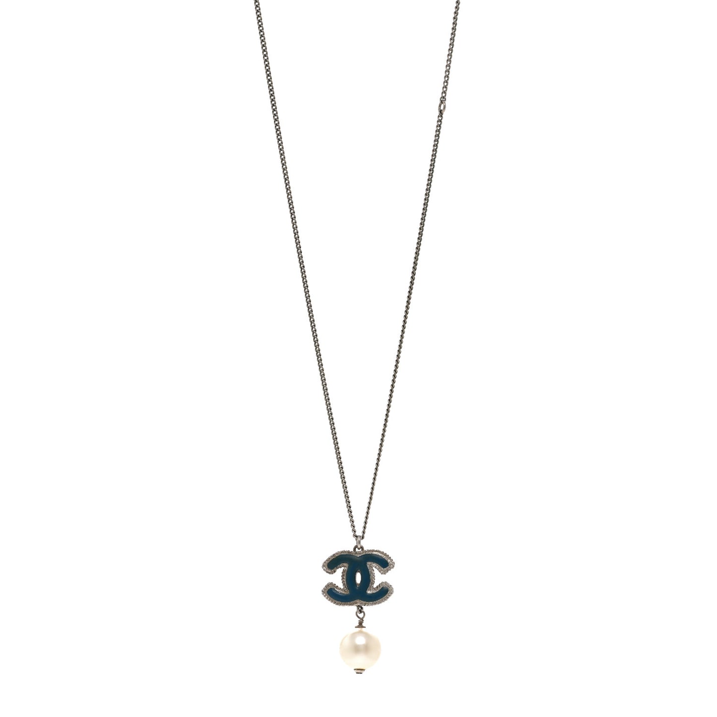 Enamel CC Pearl Drop Necklace Blue Silver