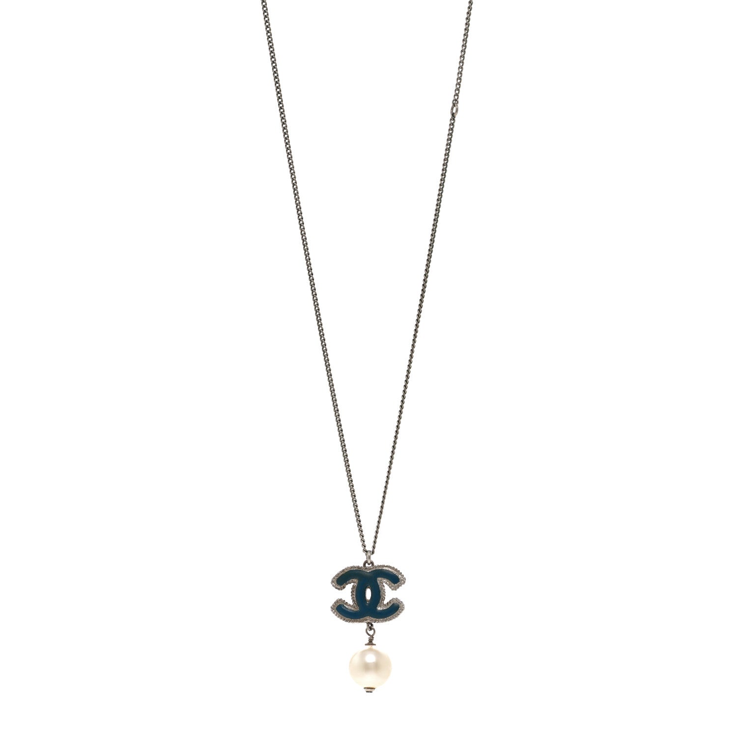 Chanel Enamel CC Pearl Drop Necklace Blue Silver 1 of 6