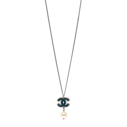 Chanel Enamel CC Pearl Drop Necklace Blue Silver 1 of 6