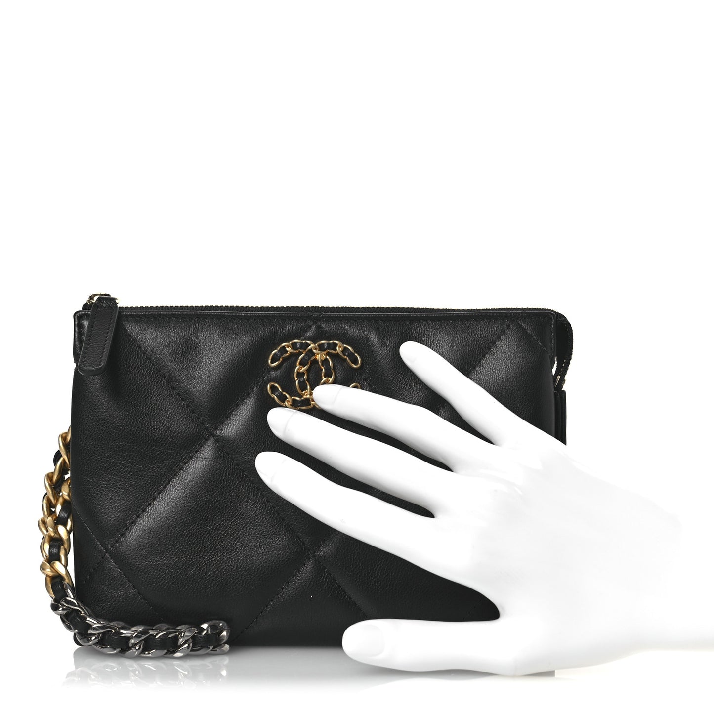 Shiny Goatskin Quilted Small Chanel 19 Pouch With Handle Black