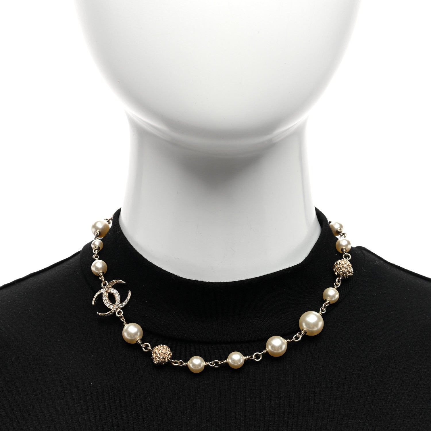 Chanel Pearl Crystal CC Moon Necklace Gold White 2 of 4
