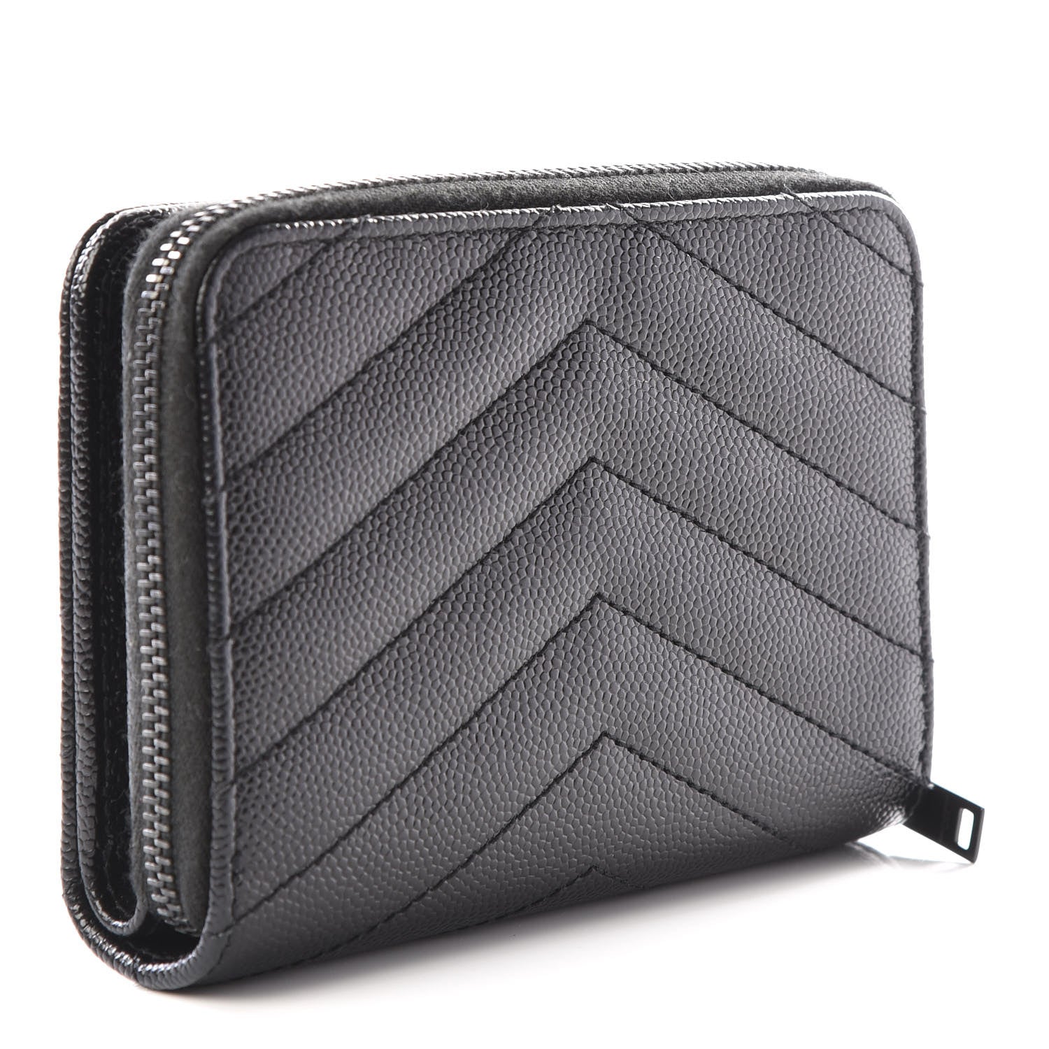 Saint Laurent Grain De Poudre Matelasse Chevron Monogram Compact Zip Around Wallet Black 2 of 10