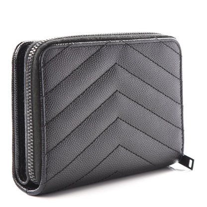 Saint Laurent Grain De Poudre Matelasse Chevron Monogram Compact Zip Around Wallet Black 2 of 10