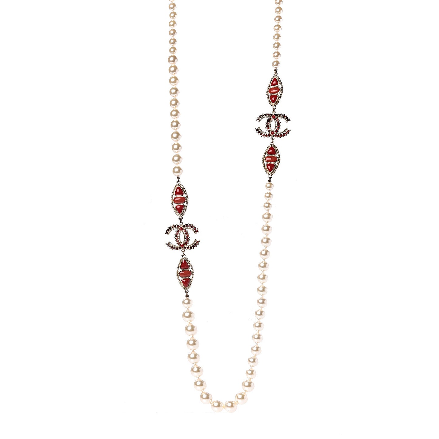 Pearl Gripoix CC Long Strand Necklace Gold Red