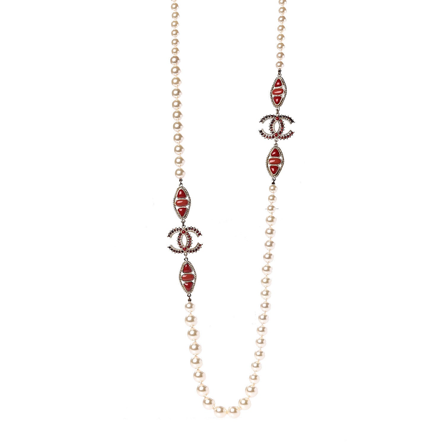 Chanel Pearl Gripoix CC Long Strand Necklace Gold Red 1 of 8