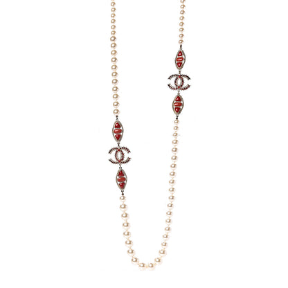 Chanel Pearl Gripoix CC Long Strand Necklace Gold Red 1 of 8