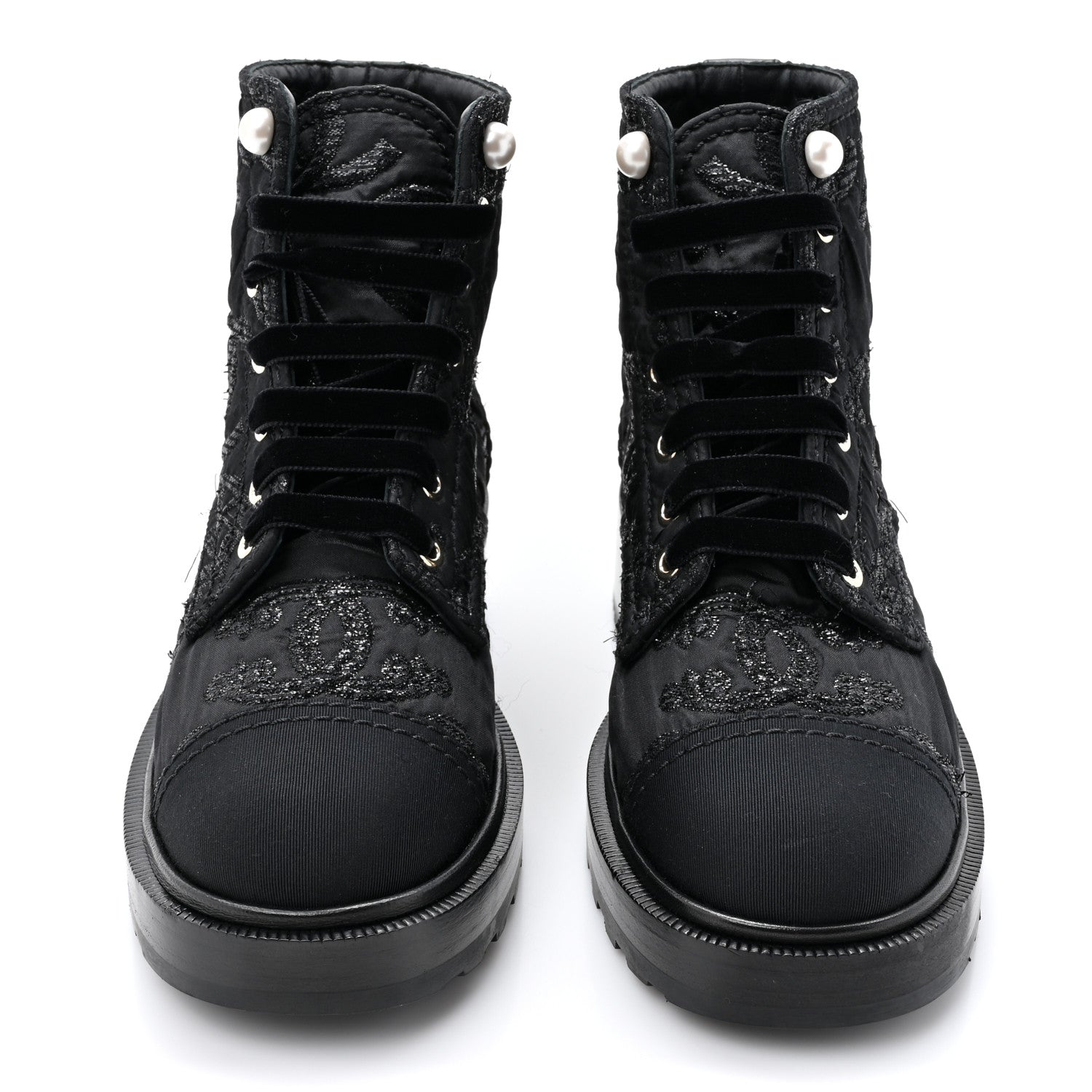 Chanel Grosgrain Tweed Pearl CC Combat Short Boots 37 Black 2 of 11