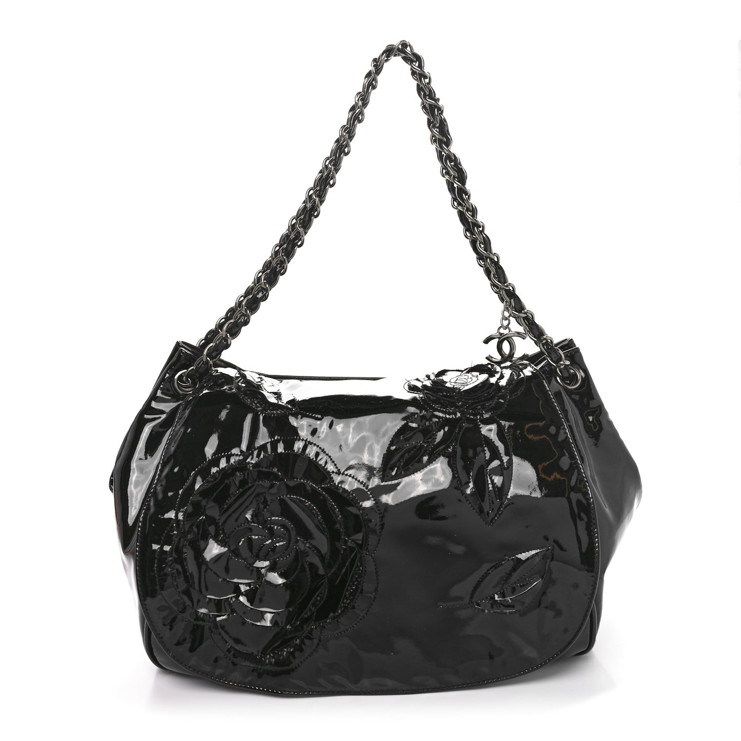 Patent Tweed Camellia Petals Large Flap Black