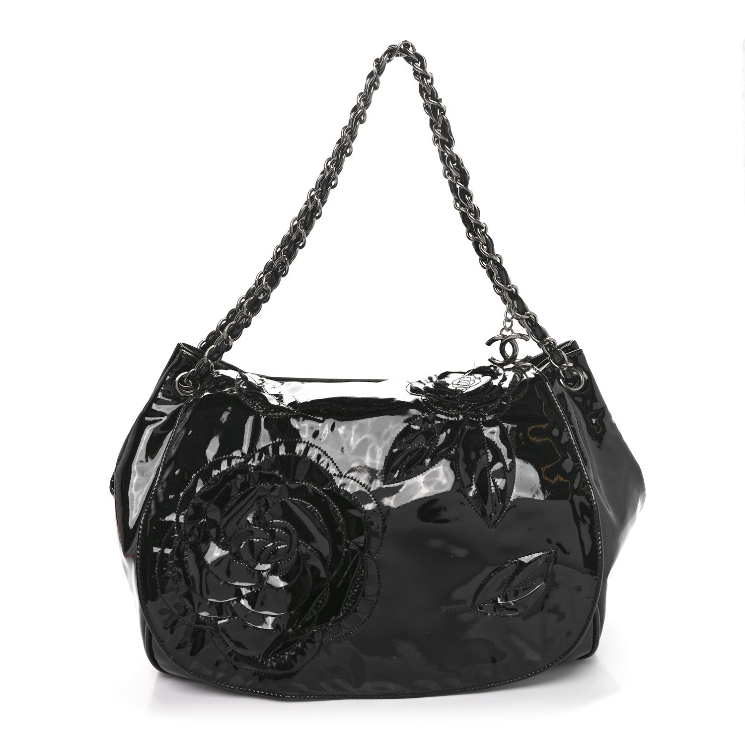 Chanel Patent Tweed Camellia Petals Large Flap Black 1 of 11