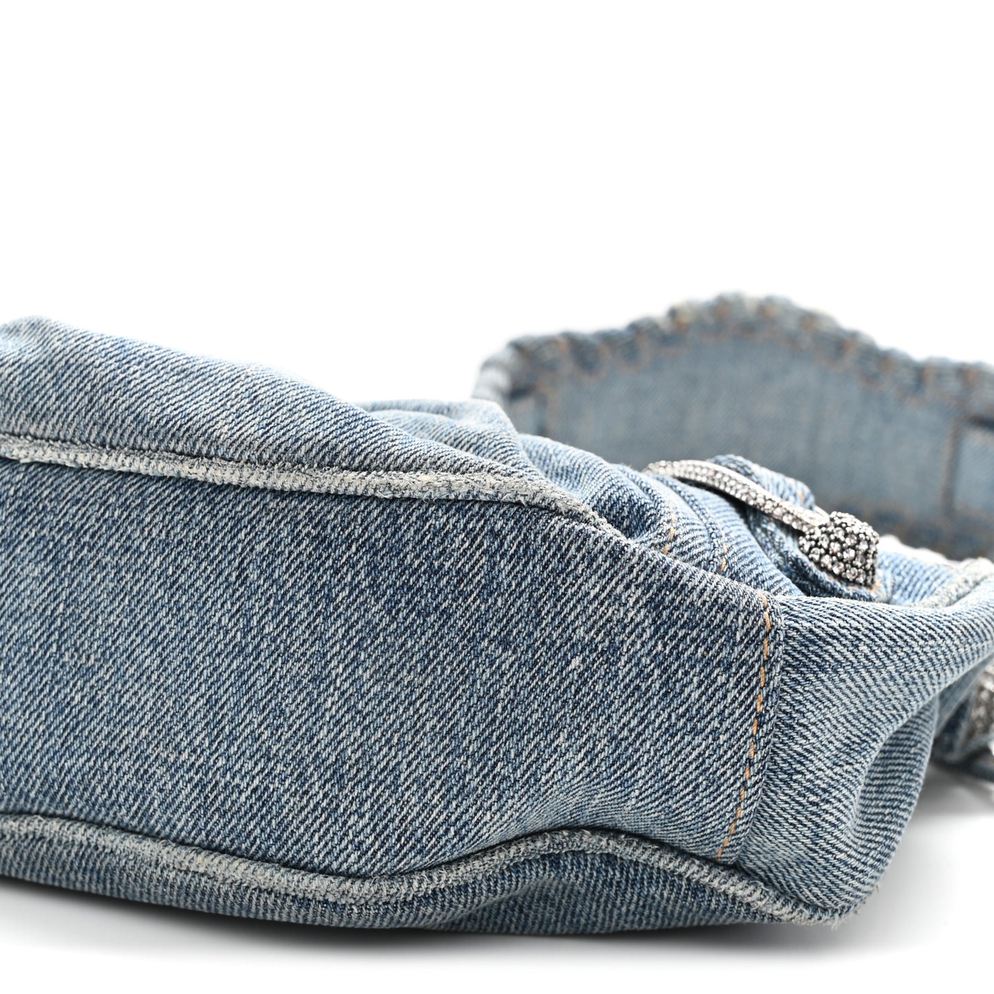 Washed Frayed Denim Crystal Le Cagole Shoulder Bag XS Blue