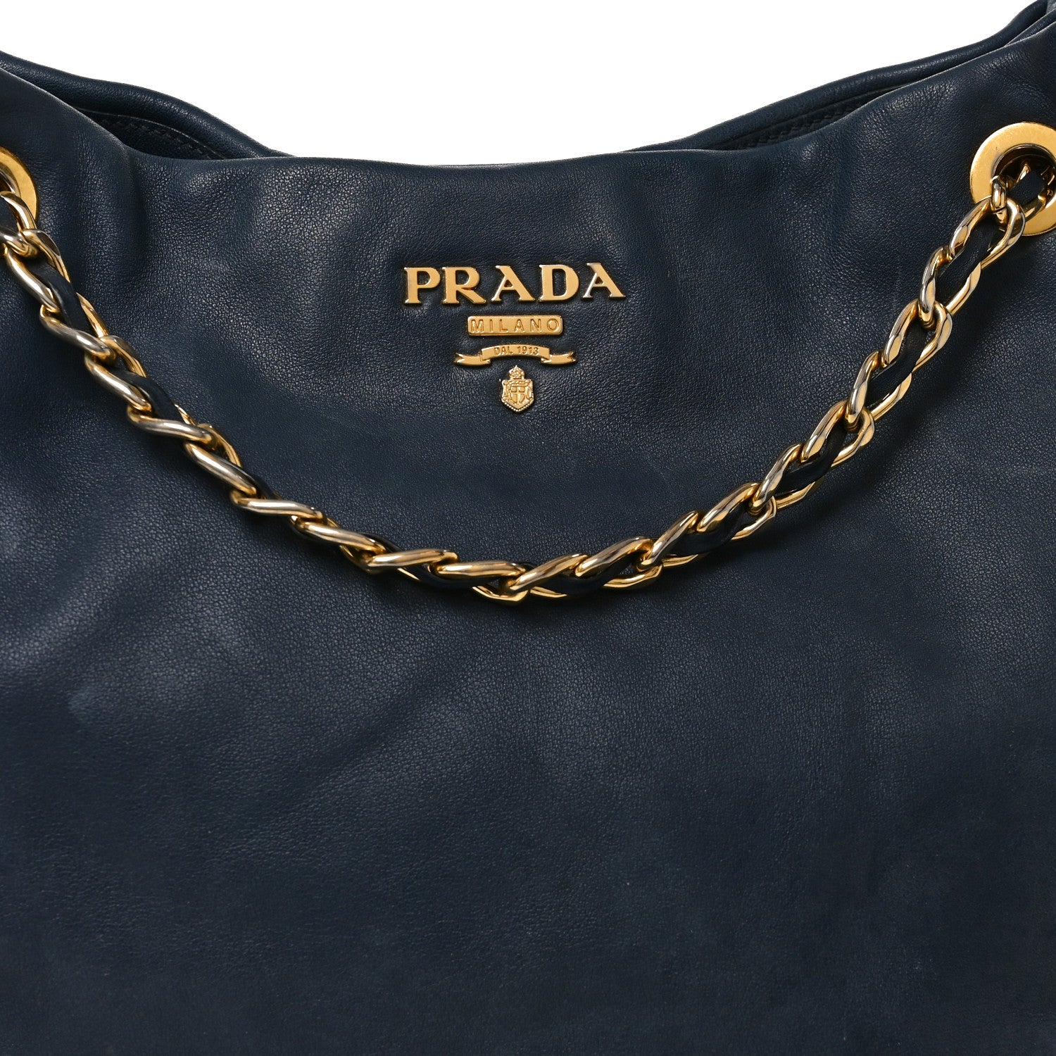 Prada Soft Calf Chain Tote Blue 6 of 8
